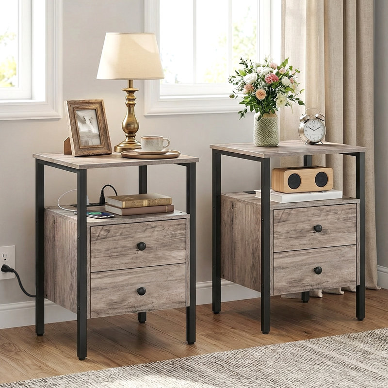 Pake 2 - Drawer 23.6" Tall Iron Nightstand with Storage and Built-In Outlets, Set of 2, Greige/Black