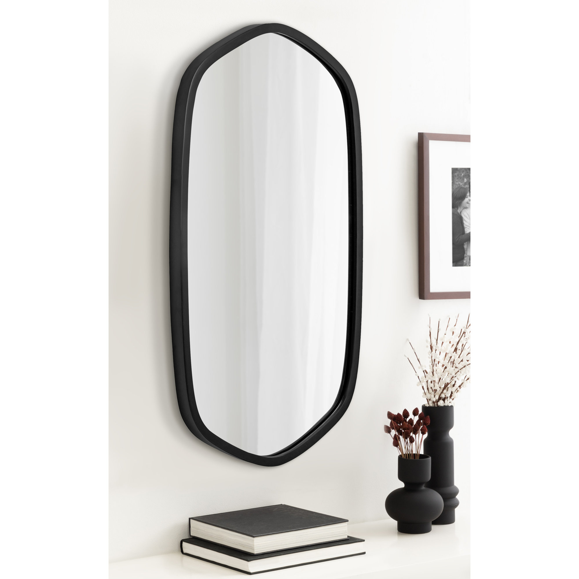 Glover Wood Hexagon Mirror, Vertical, Black, 36" x 20"