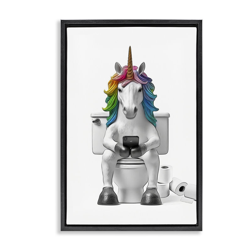 Toile flottante encadrée "Unicorn Texting" par Annalisa Latella, H 25 po x l 17 po, Cadre flottant noir de jais