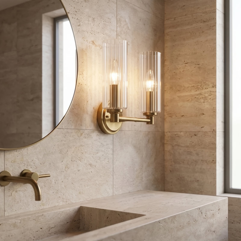 Meuble-lavabo double Regal avec verre côtelé transparent - laiton satiné