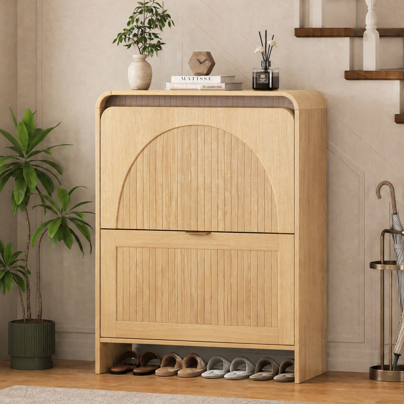 Meuble à chaussures moderne bicolore avec 2 tiroirs rabattables et étagères réglables, organisateur de chaussures avec panneau grillagé arqué, trousse anti-basculement