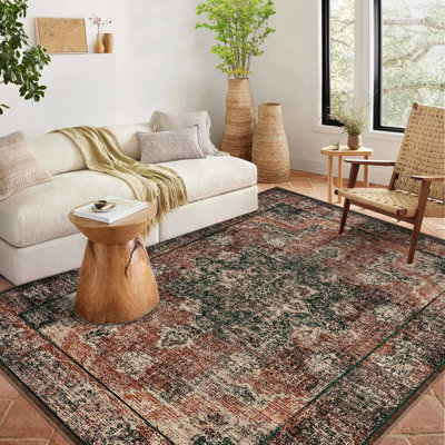 Tapis lavable à la machine à motif de médaillon oriental vieilli, rétro, résistant aux marques et antidérapant