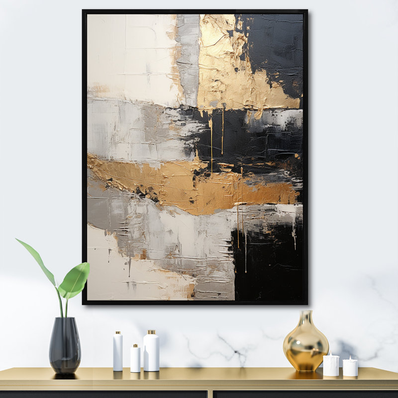 «Grey Gold Minimalisme Poteries I», reproduction, H 44 po x l 34 po x P 1,5 po, Cadre flottant noir