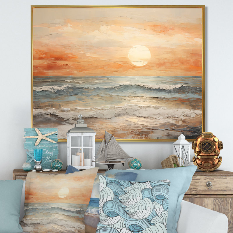 Art sur toile, coucher de soleil sur la plage, H 34 po x l 44 po x P 1,5 po, Cadre flottant doré