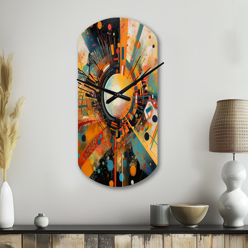 Orange Retro Vibe Background IV - Geometric Cylinder Metal Wall Clocks, Orange Asymmetrical Wall Clock Print, Small