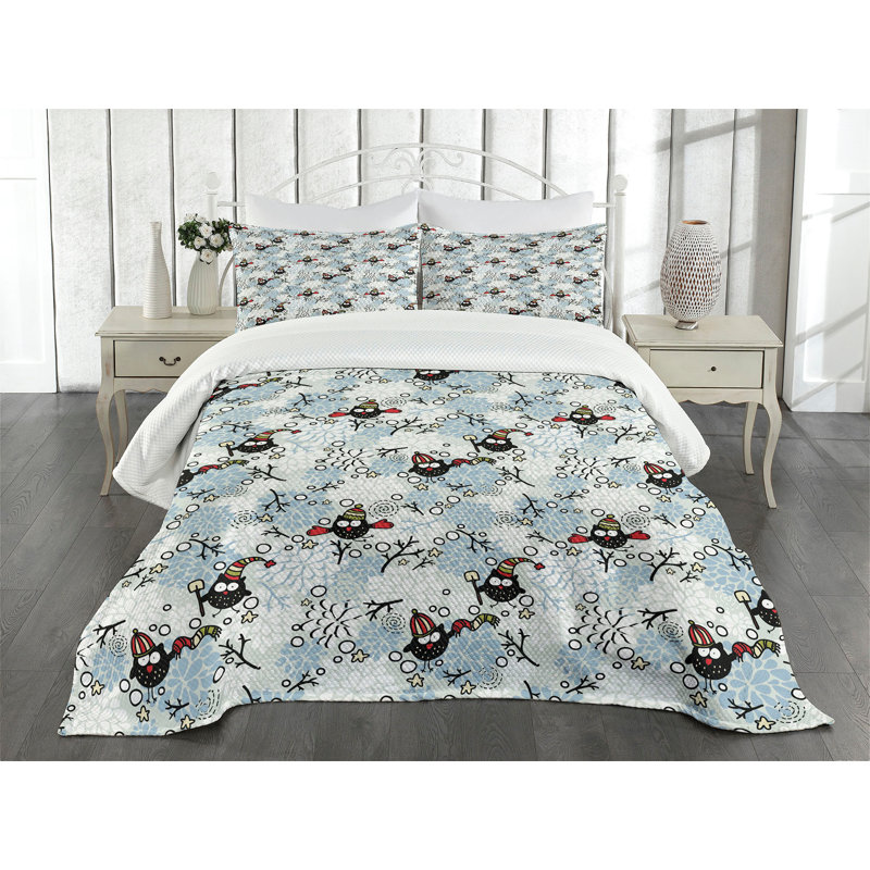 Ambensonne Owls Bedspread Winter Snow Multicolor, King Coverlet/Bedspread + 2 Pillow Shams