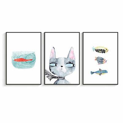 Watercolor Style Fish & Cat Portraits - 3 Piece Print on Canvas