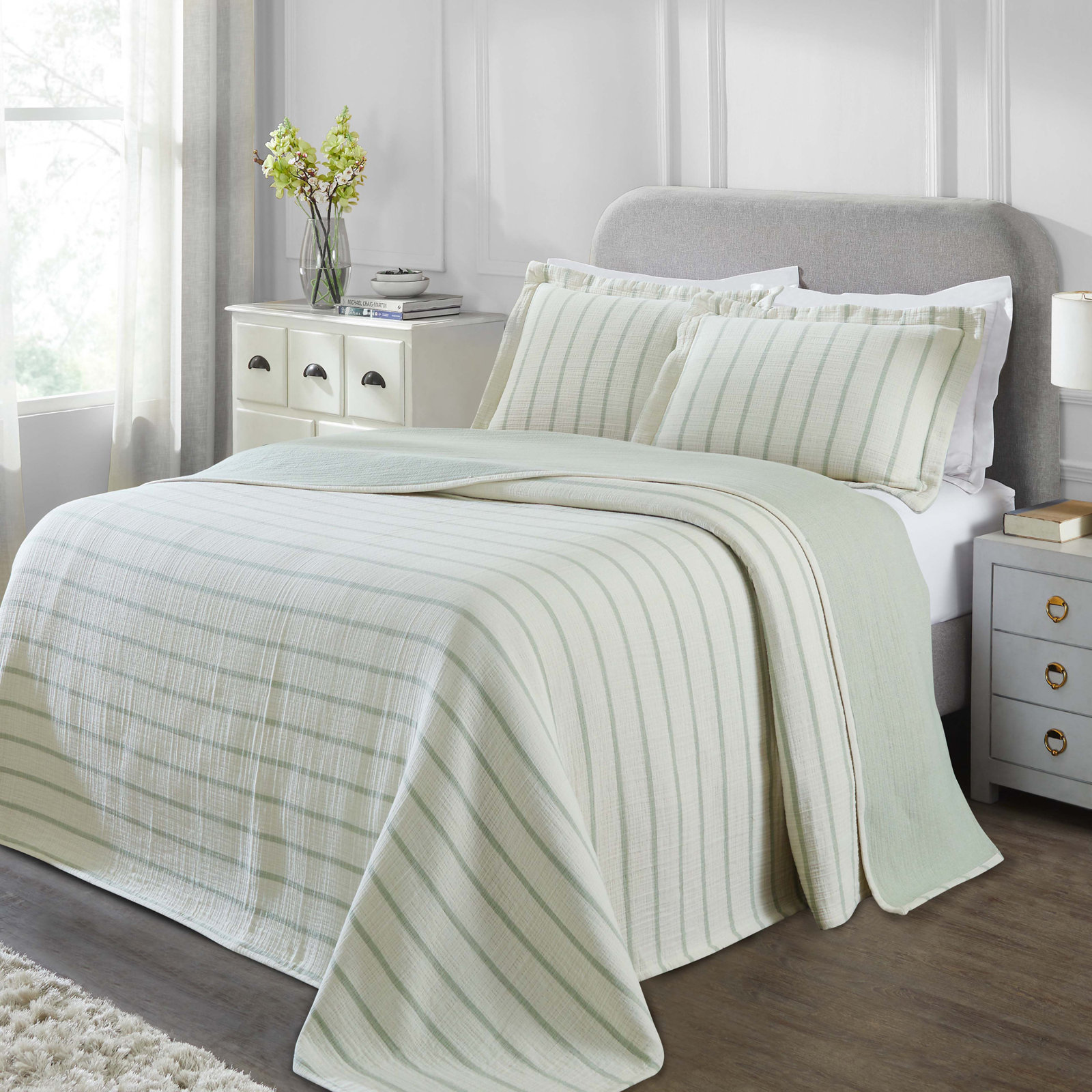 Reversible Matelasse Bedspread Set, California King Bedspread + 2 King Shams, Sage Striped