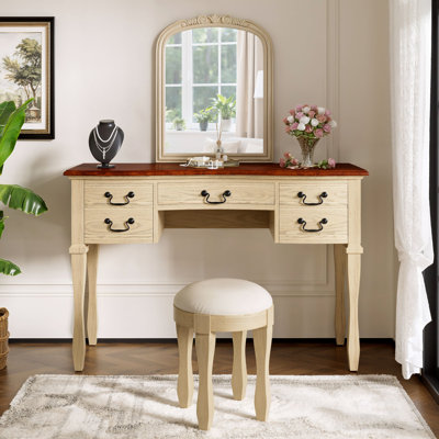 Coiffeuse de maquillage 46 po avec miroir à cadre floral incurvé, coiffeuse élégante avec 5 tiroirs et tabouret en cuir, coiffeuse avec pieds en bois massif et poignées antiques pour la chambre à coucher