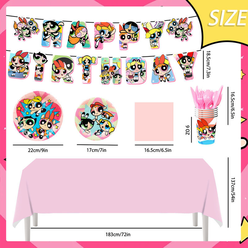 Ensemble de décorations de fête pour enfants Power Puff, 114 pièces