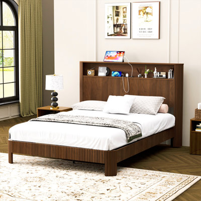 Queen Size bed frame with storage headboard, built-in charging station, wavy curved lines design, silent operation, metal support, Walnut