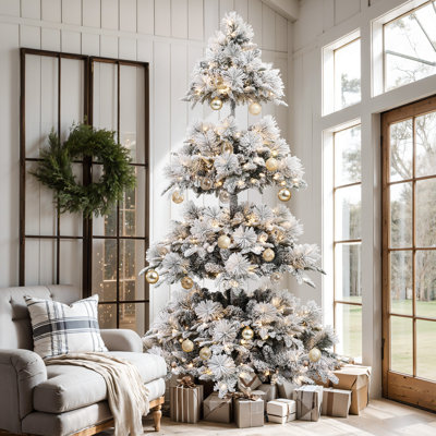 7.5Ft Pre-Lit Flocked Slender Artificial Pine Christmas Tree
