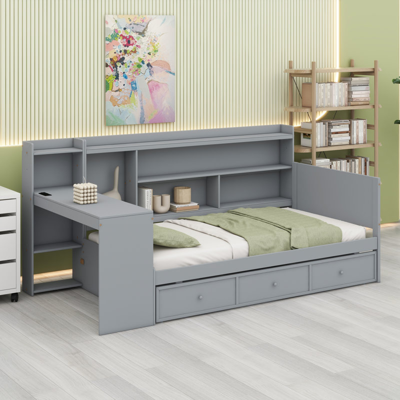 Structure de lit de jour avec tiroirs de rangement, bureau intégré et ports USB, Gris