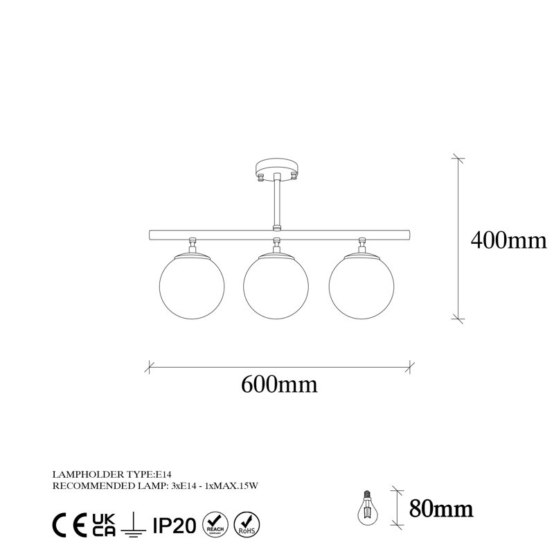 Lustre en forme de globe à 3 lumières pour îlot de cuisine, Bronze, H 5,7 po x l 5,7 po x P 2,3 po