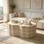 Ensemble de 2 tables basses rondes gigognes en bois avec lit pour animaux de compagnie, style moderne et minimaliste, pour salon, appartement, balcon ou bureau. Couleur beige, sans assemblage.