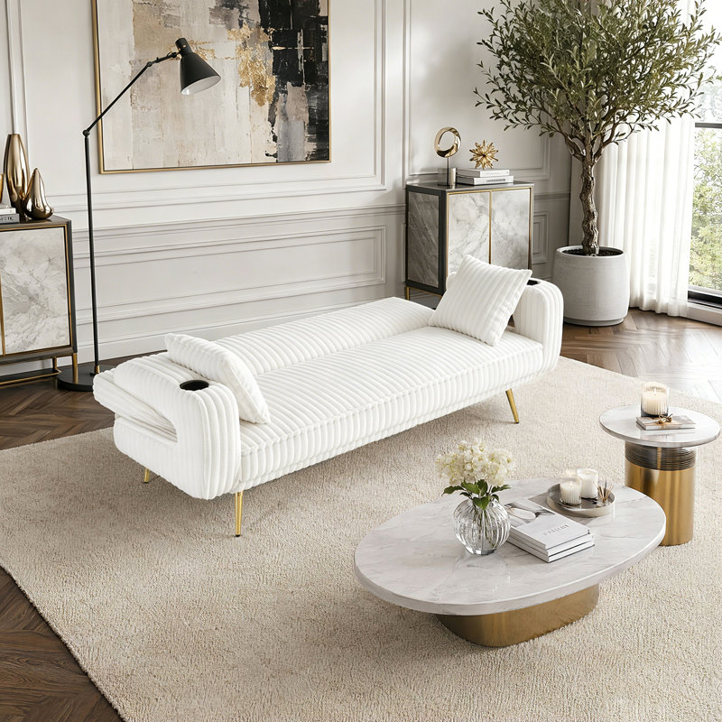 Canapé-lit convertible en velours avec 2 coussins et porte-gobelets Corduroy, White Corduroy