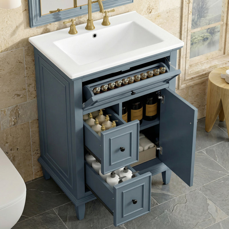 Meuble-lavabo simple 24 po avec lavabo, meuble de rangement en bois massif avec tablette réglable, Bleu / Noir