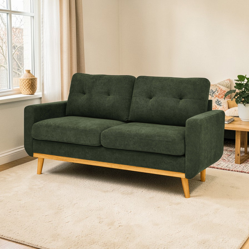 Brooklington 67.7" Square Arm Loveseat with Wooden Legs (Legs Tone May Vary), Green Polyester