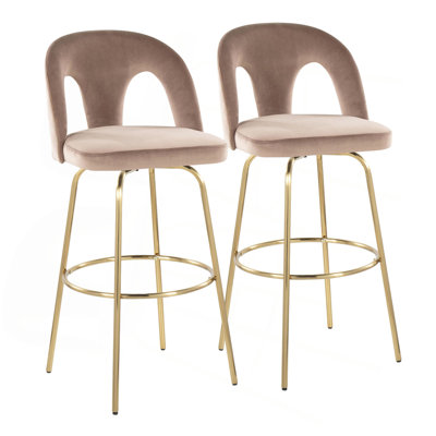 Tabouret de bar à hauteur fixe avec pivot en métal doré et velours avec repose-pieds rond en métal doré - ensemble de 2