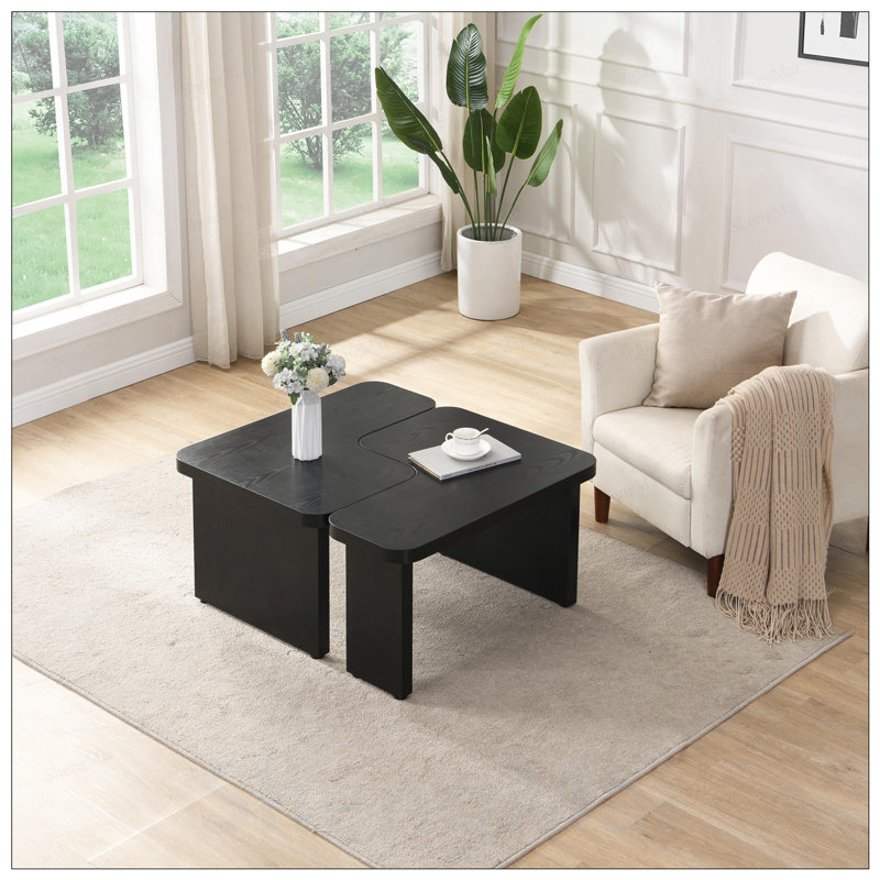 Table basse rectangulaire rectangulaire en bois, table de ferme en forme de L pour salle à manger et jardin, Noir