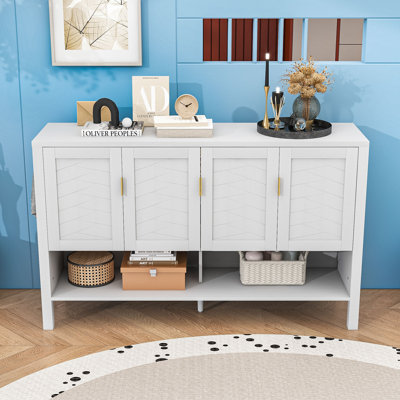 Buffet moderne à quatre portes avec tablettes réglables, rangement ouvert et portes géométriques