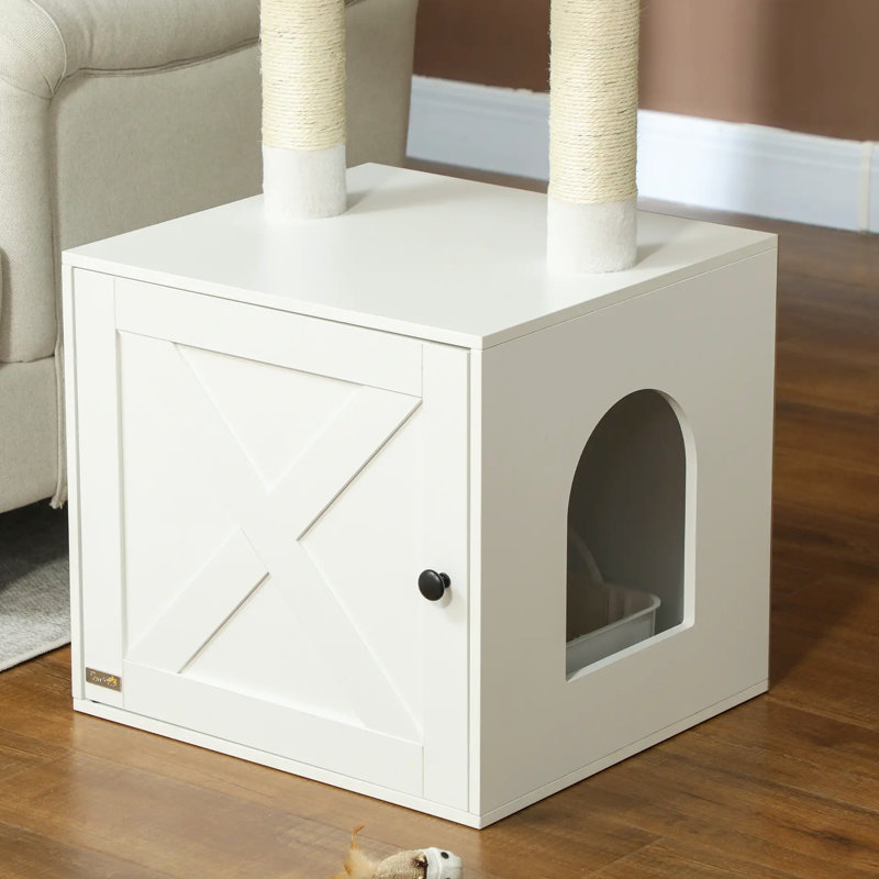 Meuble tour d'arbre à chat blanc moderne avec enceinte cachée pour litière, condo à plusieurs niveaux et poteaux à griffer en sisal