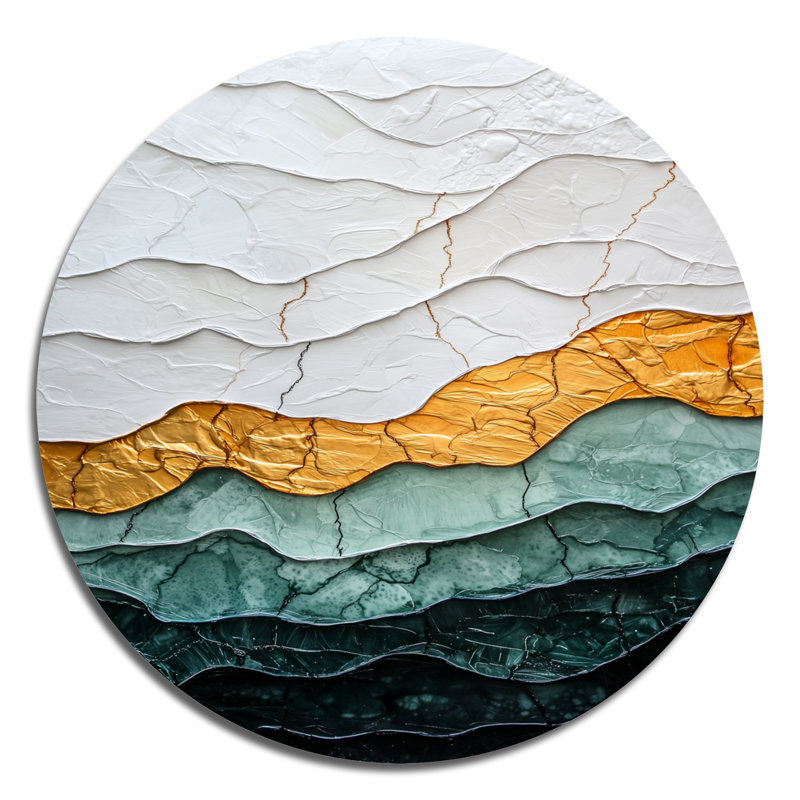 «Ethereal Abstract Wave Dream - Art mural rond moderne abstrait, art mural rond en métal doré, H 16 po x l 16 po