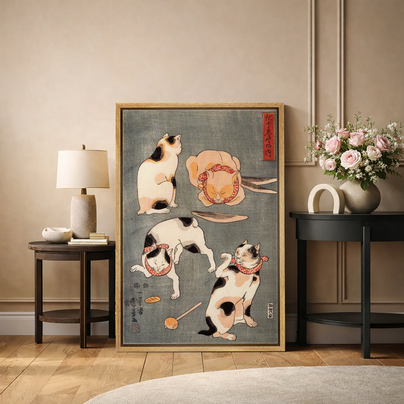 Illustration de chats japonais Ukiyo-e, reproduction de scène de chat rétro, impression sur toile encadrée