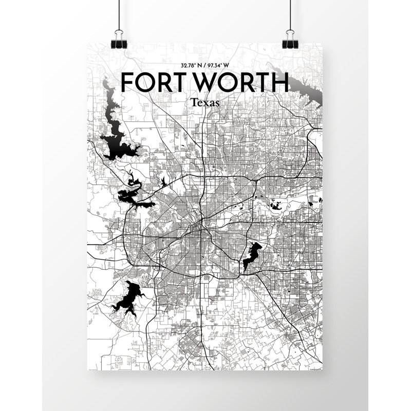 Fort Worth City Map - Unframed Graphic Art Print on Paper, 43.2cm H x 27.9cm W x 0.1cm D, Black/White