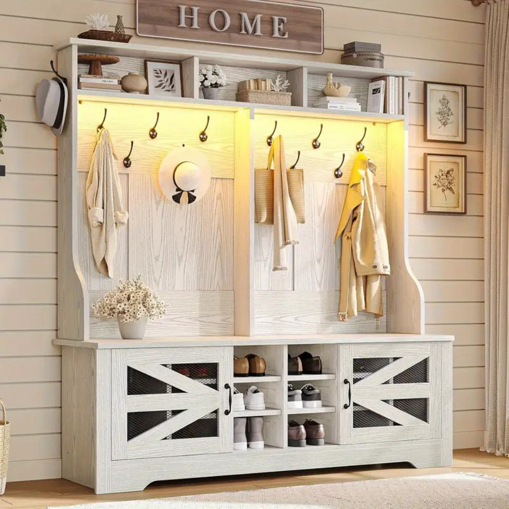 ADGO Meuble de couloir – Armoire compacte pour couloir – Ensemble moderne avec armoires, miroir, cintres et armoire à chaussures – Avec 6 crochets pour vêtements et manteaux – Blanc ADGO Meuble de couloir – Armoire compacte pour couloir – Ensemble moderne avec armoires, miroir, cintres et armoire à chaussures – Avec 6 crochets pour vêtements et manteaux – Blanc