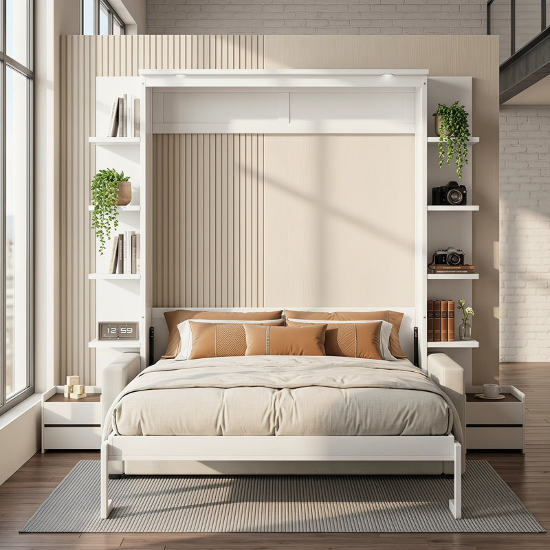 Grand lit escamotable mural avec canapé convertible - Finition blanche moderne
