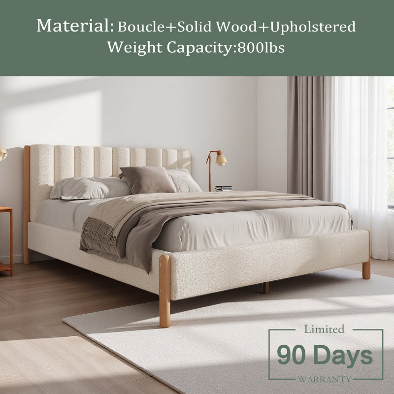 Bed Frame With Boucle Upholstered Thick Headboard, Queen