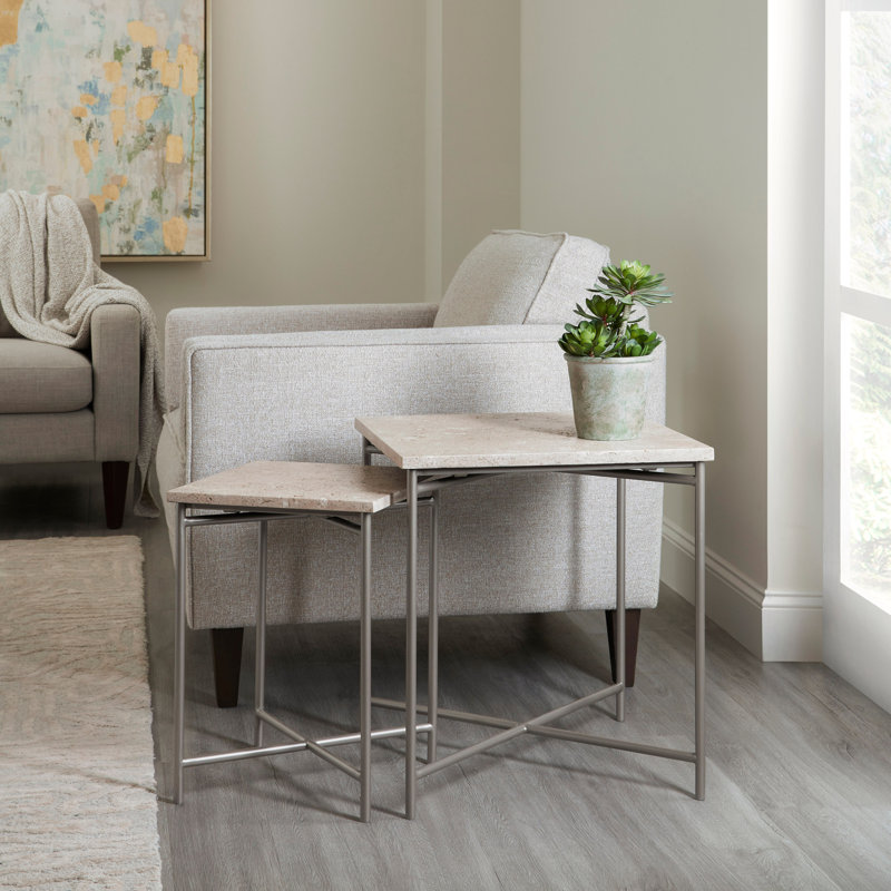 Small Silver Stone Top Square Nesting Table with Metal Base