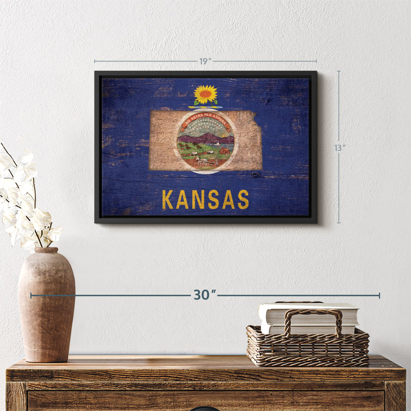 «State Map Over Kansas Flag Wall Art», H 13 po x l 19 po