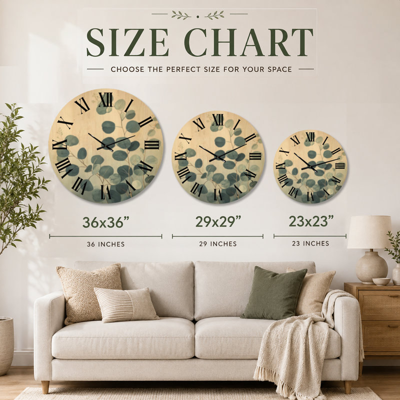 Brins d'eucalyptus côtiers I - Horloge murale ronde en bois à thème botanique, Grand