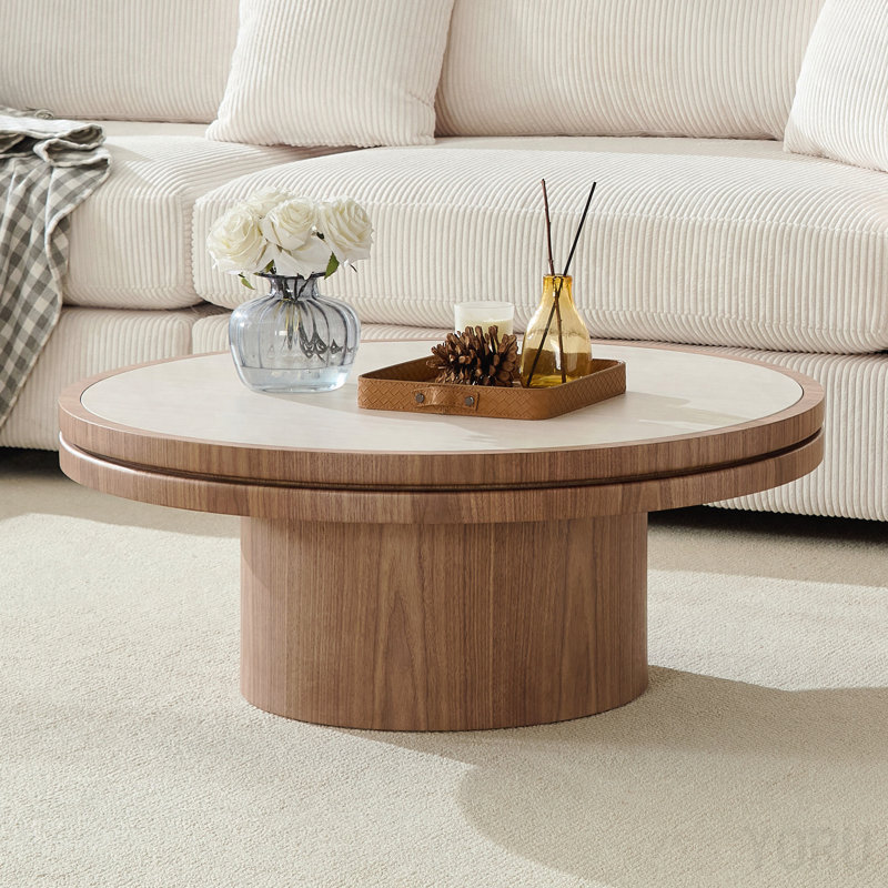 Table basse 35,43 po - Plateau en pierre frittée, piédestal robuste en bois aggloméré - Moderne, Blanc/noyer