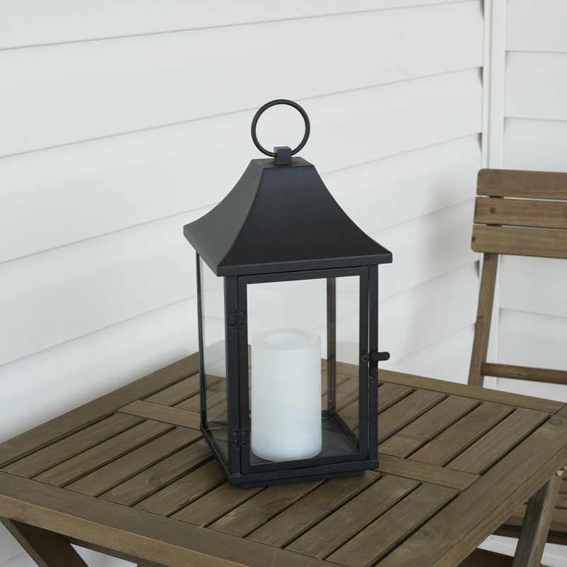 Lanterne solaire extérieure H14 pouces avec bougie à DEL scintillante Lanterne décorative en métal noir avec verre suspendu ou lanterne de table pour patio