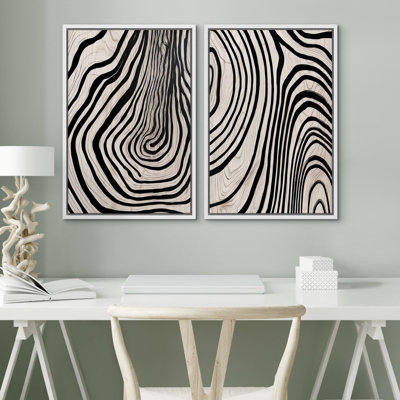 Linear Geometry " Mid-Century Modern Black & White Geometric Spiral Abstract Modern Art Minimalist Neutral Decor " 2 - Pieces