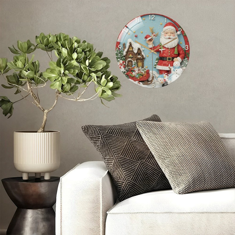 Père Noël avec traîneau, horloge de Noël, horloge murale moderne en verre 12 po