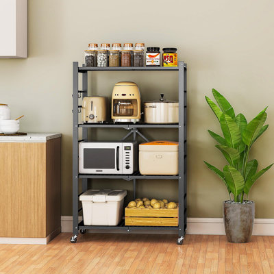 4-Tier Foldable Metal Shelving Unit With Lockable Wheels   No Assembly Required, Heavy Duty Rolling Storage Rack For Garage, Kitchen & Pantry   White