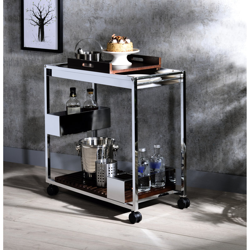 Chariot de service rectangulaire à finition rectangulaire, 2 compartiments ouverts pour le rangement, porte-bouteilles de vin et étagère suspendue en métal avec placage, compartiments, support