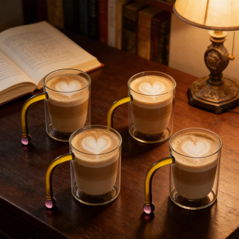 Tasse à 4 poignées, tasse en verre à haute teneur en borosilicate résistant à la chaleur, tasse à café à haute apparence avec poignée anti-brûlure, idéale pour la maison, le café