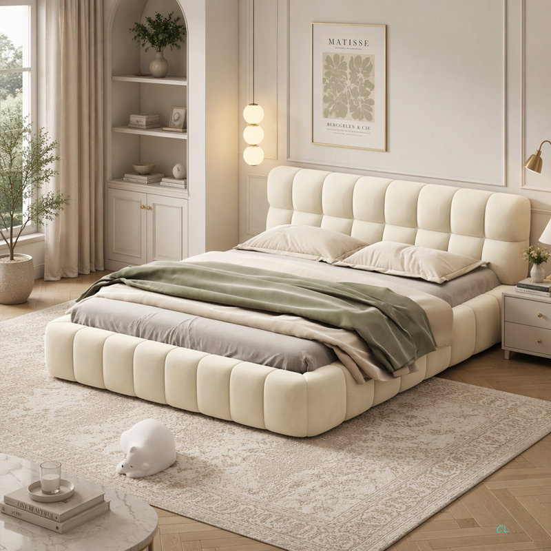 Queen Size Upholstered Platform Bed With Thick Fabric, Grounded Bed With Solid Frame, Beige