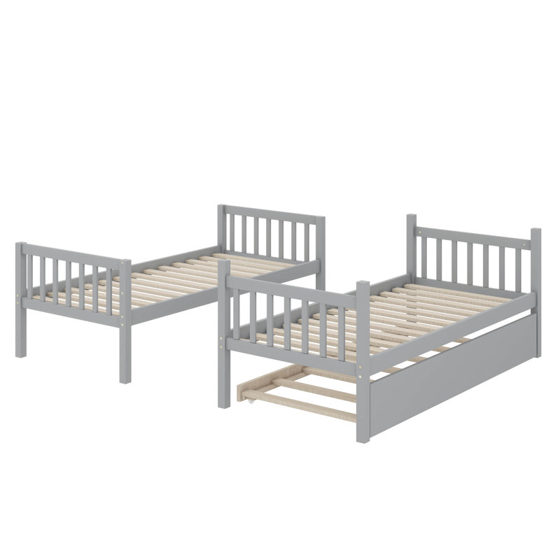 Rubber Wood Bunk Bed Comes With Trundle Bed, Ladder, Can Be Converted Into Two  Beds, Gray, Twin Over Twin