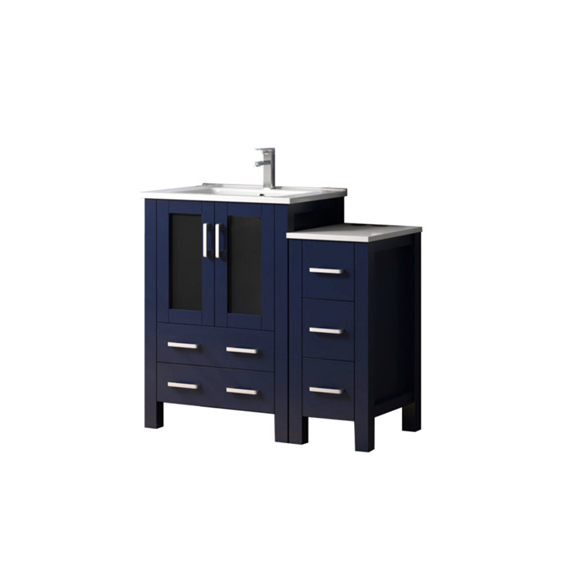 36 po W Meuble-lavabo simple bleu marine, tiroirs à fermeture en douceur, comptoir en céramique et robinet bleu avec robinet blanc
