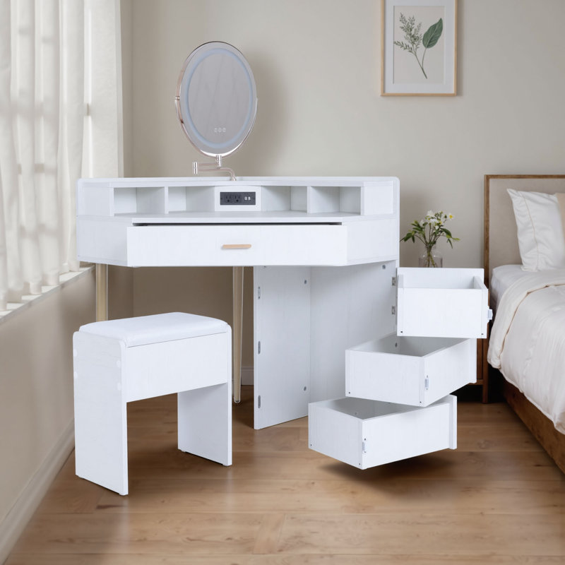 Ensemble de coiffeuse de style moderne avec lumières à DEL, miroir de maquillage et prise de courant pour ensemble de commode d'angle