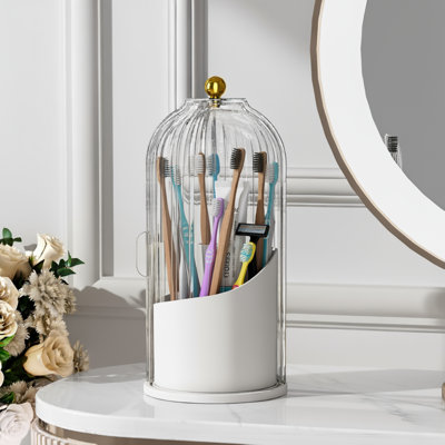 Toothbrush Holders with Sliding Lid, Rotating 3 Slots Bathroom Organizer Countertop, Tooth Brush Toothpaste Holder Bathroom Counter Stand Sink Organizer Caddy for Vanity Makeup Brushes Holder
