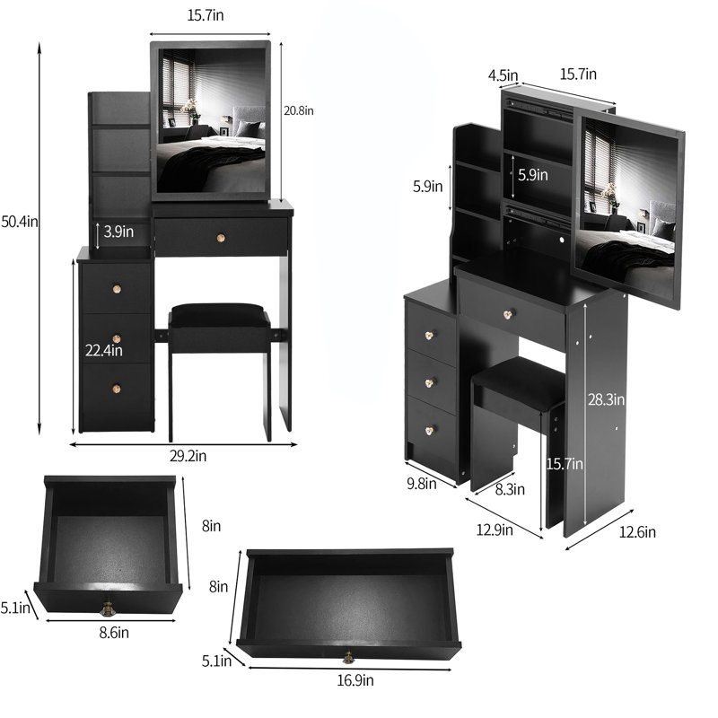 Table de coiffeuse noire avec tabouret rembourré et miroir coulissant, rangement multicouche pour les petits espaces, siège compact de conception ultramoderne, très grand espace de chambre confinée à couches multiples