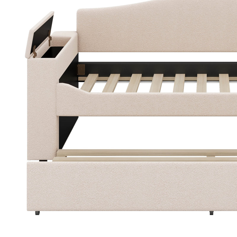 Twin Size Upholstered Daybed With Trundle,Storage Armrests And Latest Integrated Bluetooth Audio System, Beige