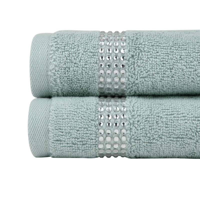 Sparkles Home Stripe Rhinestone Fingertip Towels | 100% Cotton Terry | Glass Rhinestones, Aqua Blue